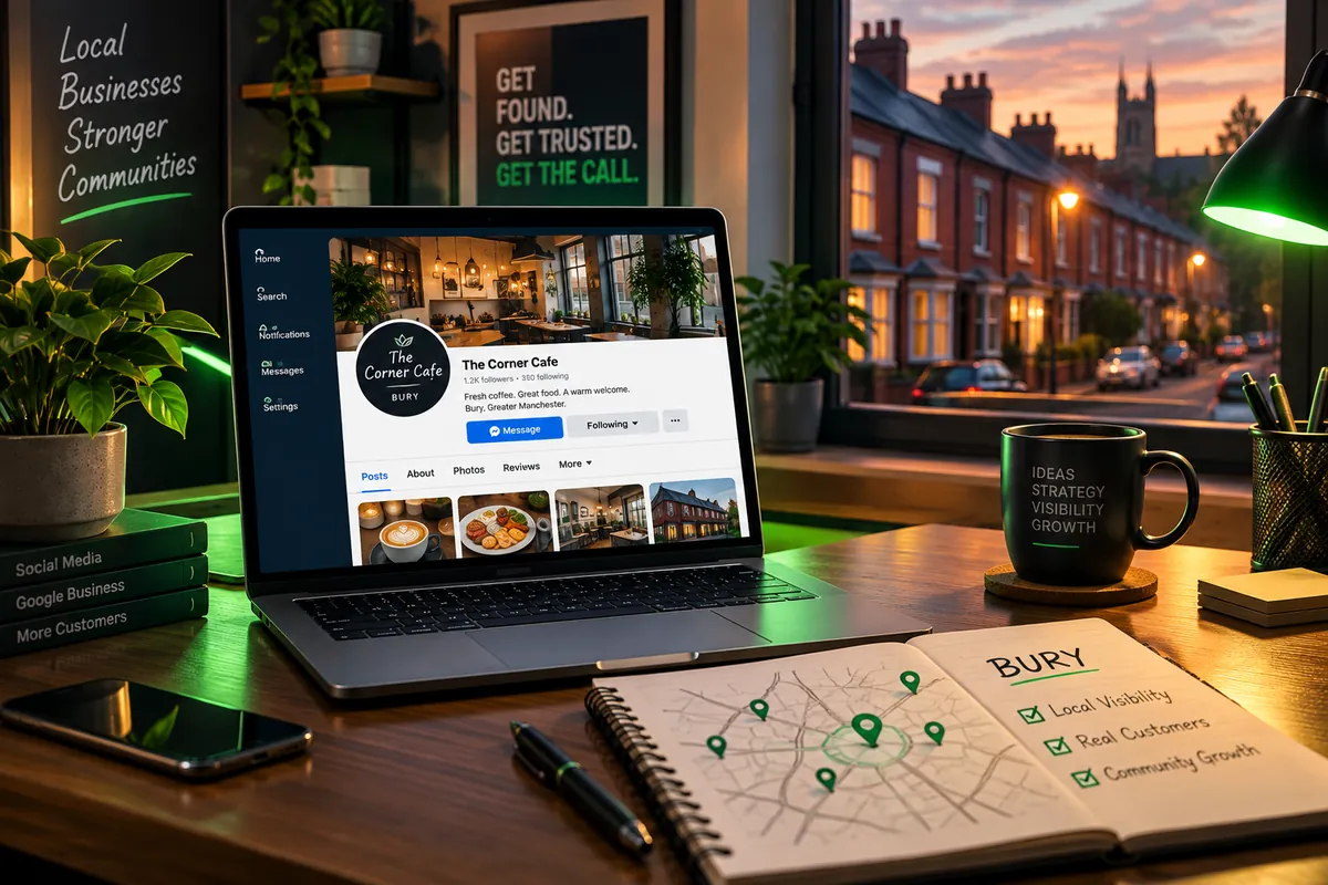 A local marketing workspace with a laptop showing a business page, overlooking a street in Bury