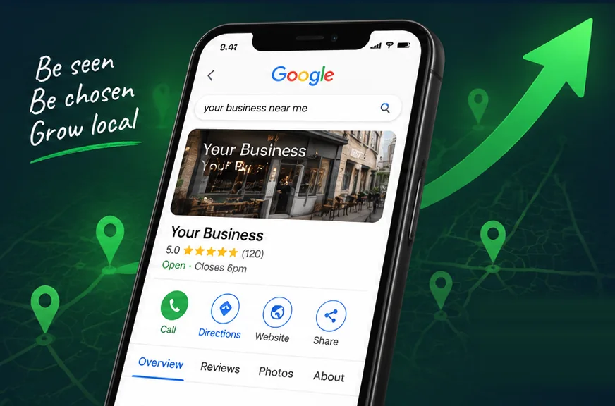 A phone showing a local business listing on Google, with map pins and a rising growth arrow