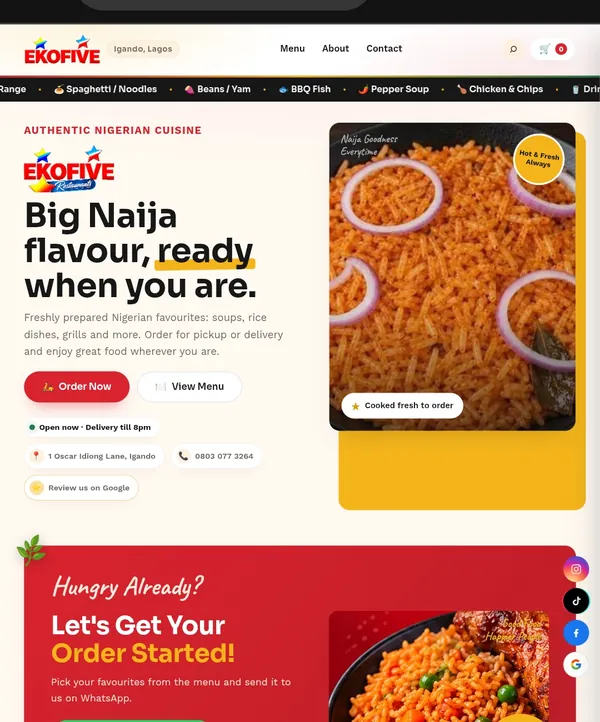 Homepage of the Eko5 Restaurant website