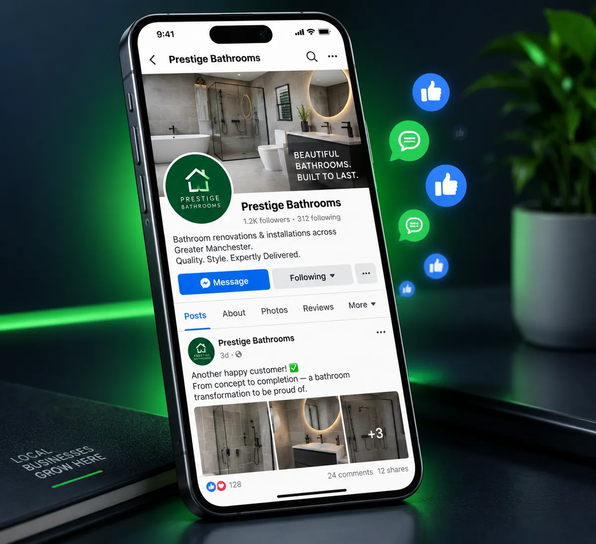 Example of a professional local business Facebook page on a phone
